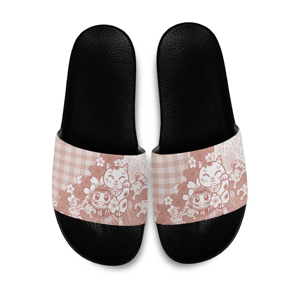 Beige Palaka Hawaiian And Japanese Slide Sandals Maneki Neko And Sakura Bloom DT05 Beige - Polynesian Pride