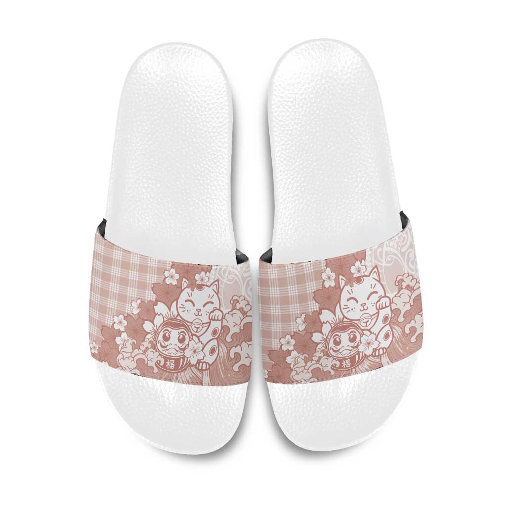Beige Palaka Hawaiian And Japanese Slide Sandals Maneki Neko And Sakura Bloom DT05 Beige - Polynesian Pride