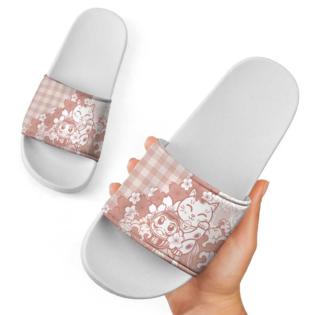 Beige Palaka Hawaiian And Japanese Slide Sandals Maneki Neko And Sakura Bloom DT05 - Polynesian Pride
