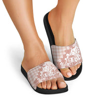 Beige Palaka Hawaiian And Japanese Slide Sandals Maneki Neko And Sakura Bloom DT05 - Polynesian Pride
