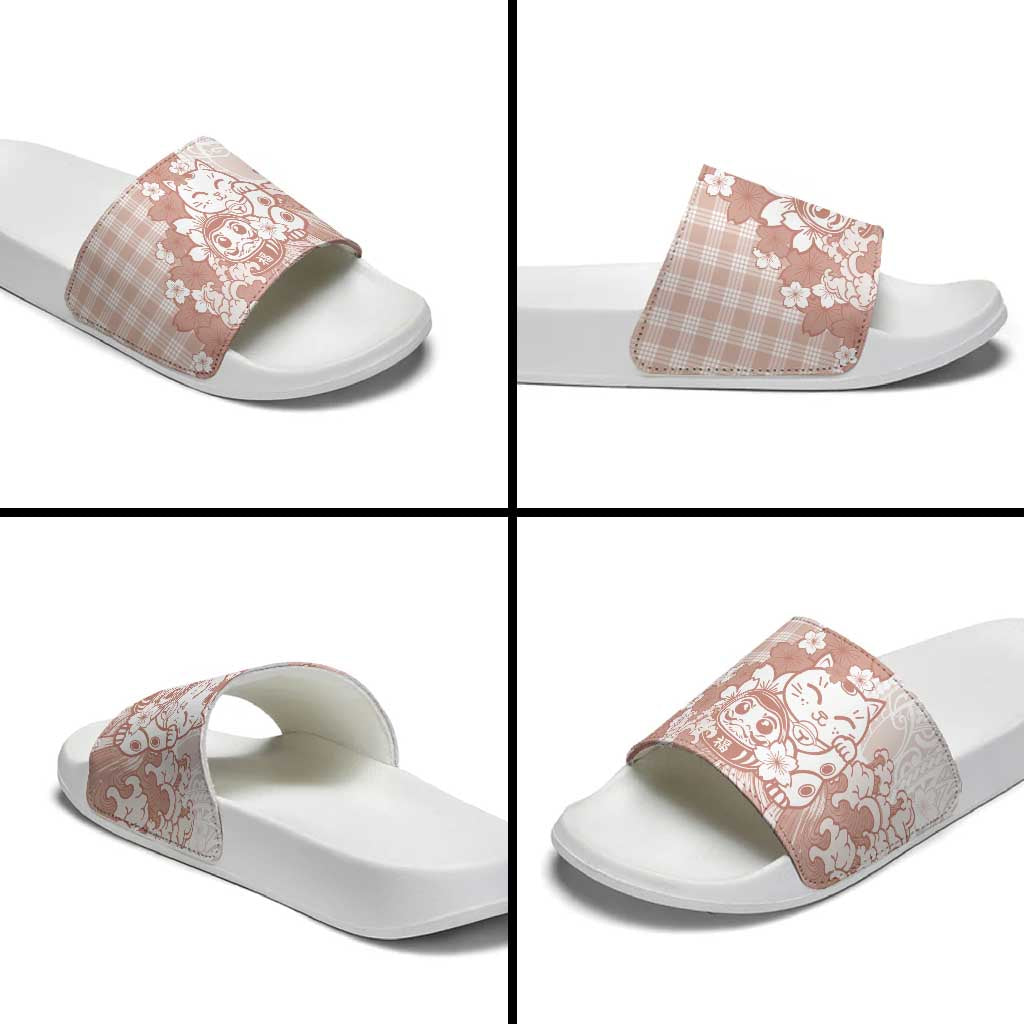 Beige Palaka Hawaiian And Japanese Slide Sandals Maneki Neko And Sakura Bloom DT05 - Polynesian Pride