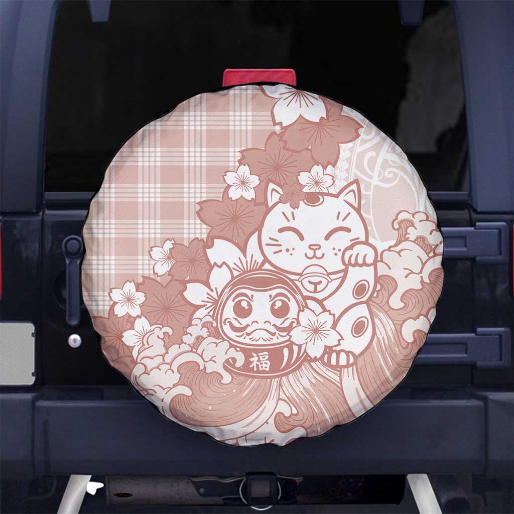 Beige Palaka Hawaiian And Japanese Spare Tire Cover Maneki Neko And Sakura Bloom DT05 No hole Beige - Polynesian Pride