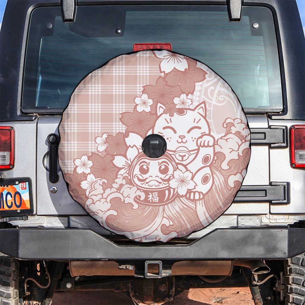 Beige Palaka Hawaiian And Japanese Spare Tire Cover Maneki Neko And Sakura Bloom DT05 Beige - Polynesian Pride