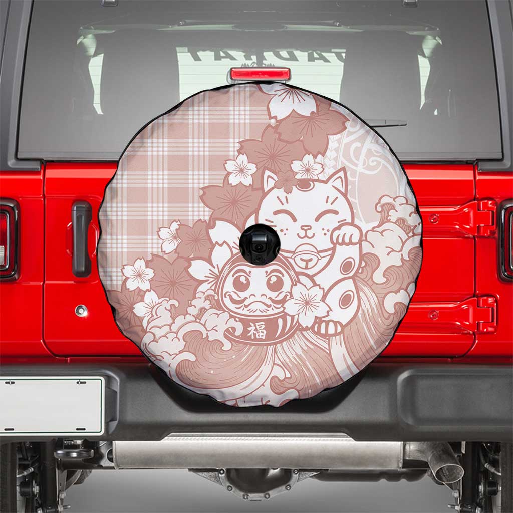 Beige Palaka Hawaiian And Japanese Spare Tire Cover Maneki Neko And Sakura Bloom DT05 - Polynesian Pride