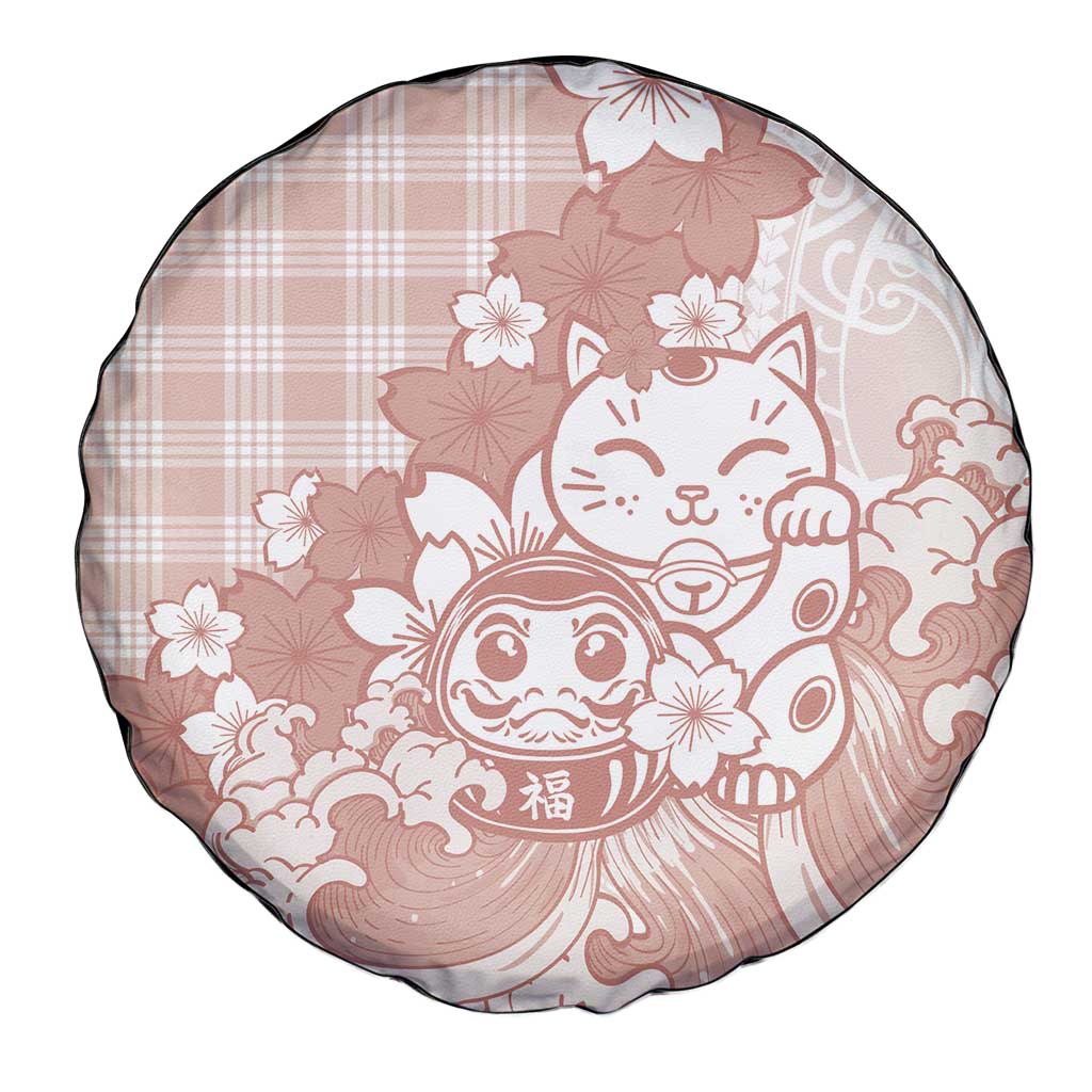 Beige Palaka Hawaiian And Japanese Spare Tire Cover Maneki Neko And Sakura Bloom DT05 - Polynesian Pride
