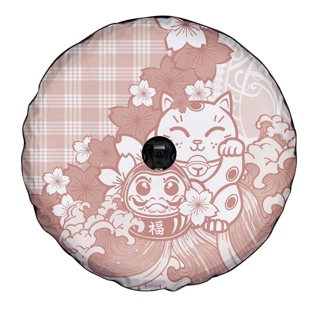 Beige Palaka Hawaiian And Japanese Spare Tire Cover Maneki Neko And Sakura Bloom DT05 - Polynesian Pride