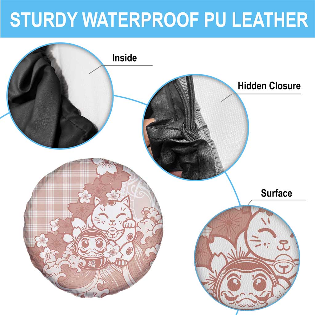Beige Palaka Hawaiian And Japanese Spare Tire Cover Maneki Neko And Sakura Bloom DT05 - Polynesian Pride