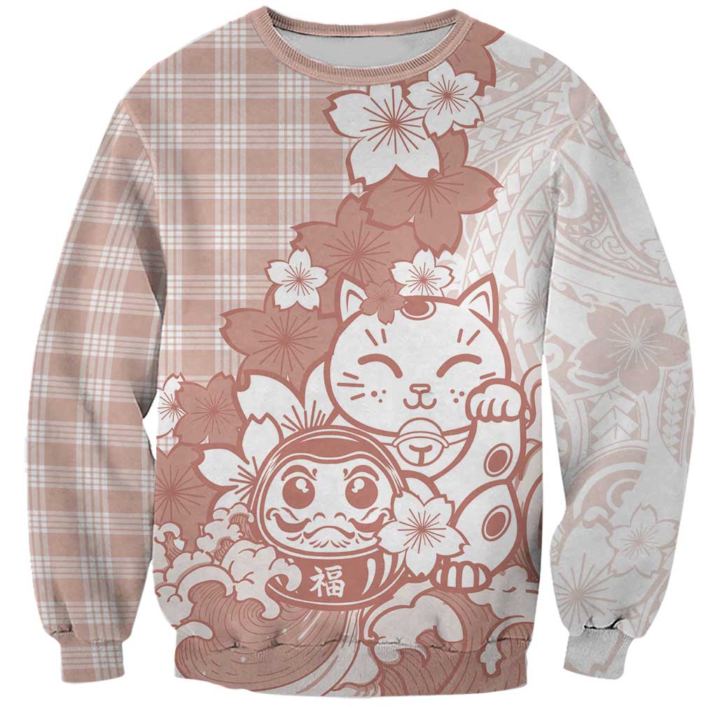 Beige Palaka Hawaiian And Japanese Sweatshirt Maneki Neko And Sakura Bloom
