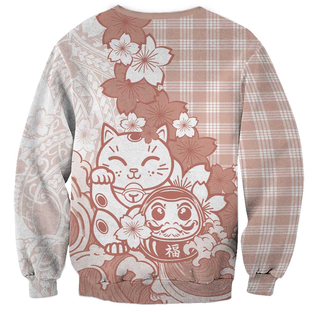 Beige Palaka Hawaiian And Japanese Sweatshirt Maneki Neko And Sakura Bloom