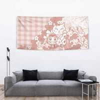 Beige Palaka Hawaiian And Japanese Tapestry Maneki Neko And Sakura Bloom