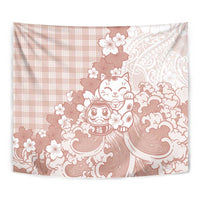 Beige Palaka Hawaiian And Japanese Tapestry Maneki Neko And Sakura Bloom