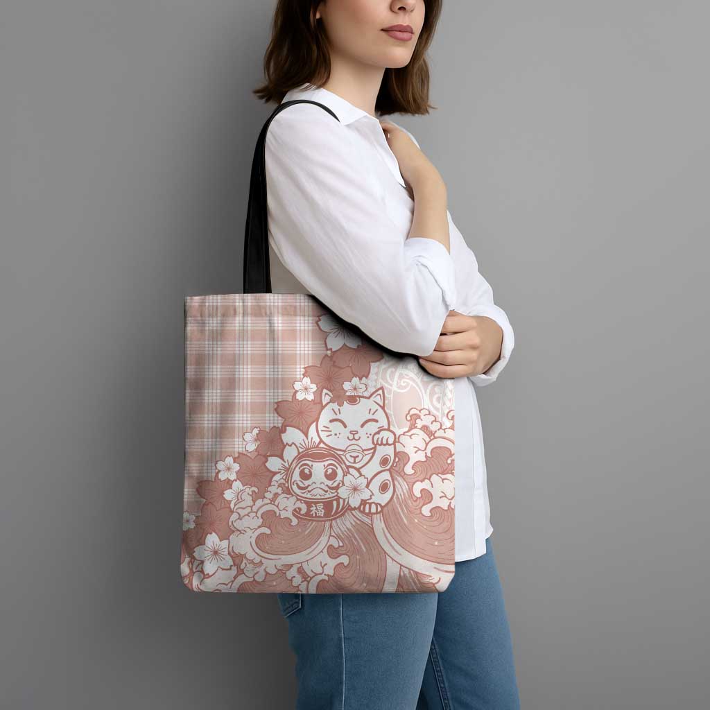 Beige Palaka Hawaiian And Japanese Tote Bag Maneki Neko And Sakura Bloom