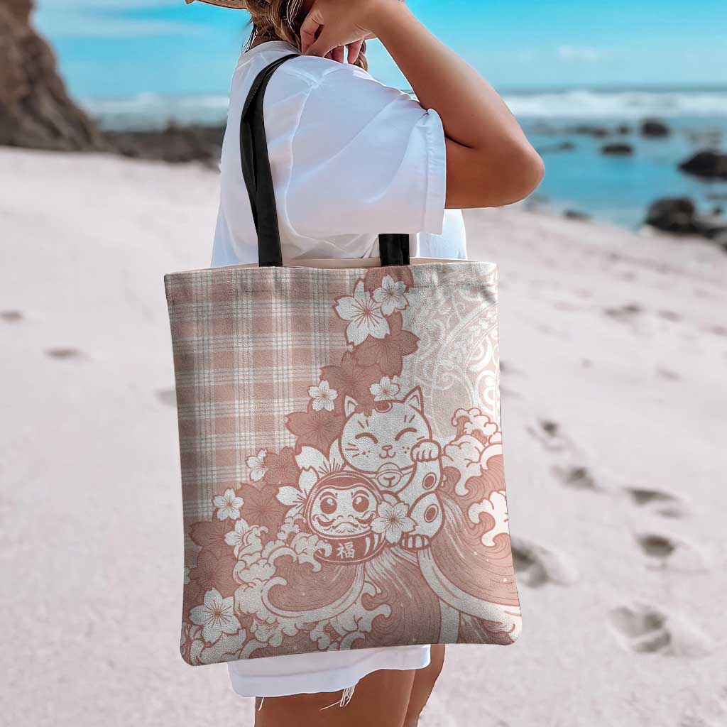 Beige Palaka Hawaiian And Japanese Tote Bag Maneki Neko And Sakura Bloom