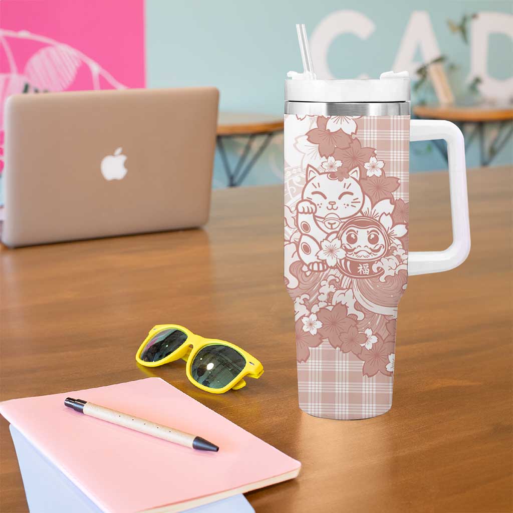 Beige Palaka Hawaiian And Japanese Tumbler With Handle Maneki Neko And Sakura Bloom