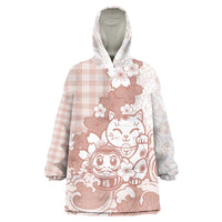 Beige Palaka Hawaiian And Japanese Wearable Blanket Hoodie Maneki Neko And Sakura Bloom DT05 One Size Beige - Polynesian Pride