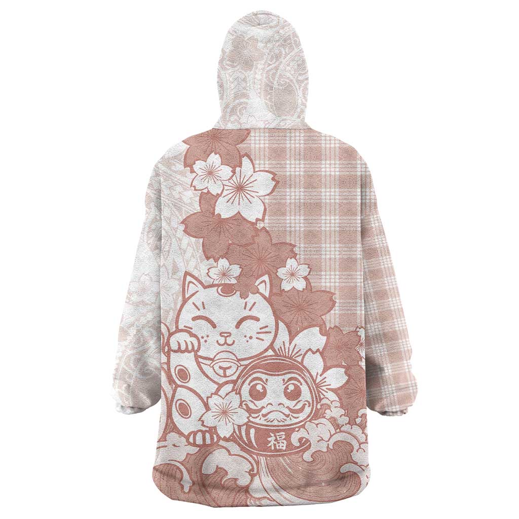 Beige Palaka Hawaiian And Japanese Wearable Blanket Hoodie Maneki Neko And Sakura Bloom DT05 - Polynesian Pride