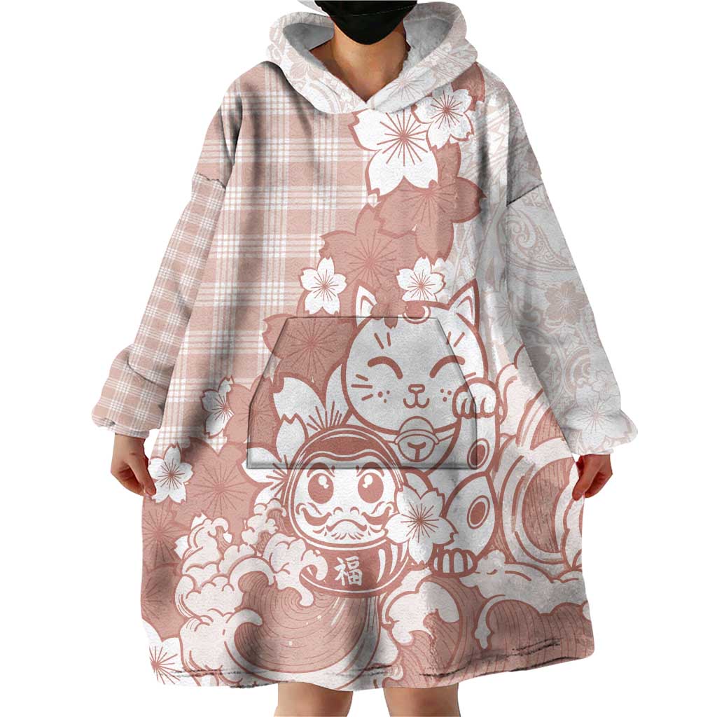 Beige Palaka Hawaiian And Japanese Wearable Blanket Hoodie Maneki Neko And Sakura Bloom DT05 - Polynesian Pride