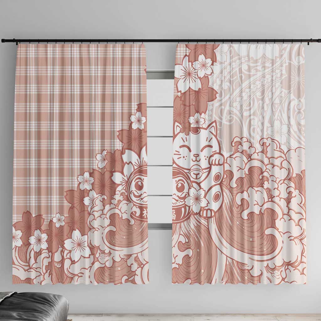 Beige Palaka Hawaiian And Japanese Window Curtain Maneki Neko And Sakura Bloom DT05 With Hooks Beige - Polynesian Pride