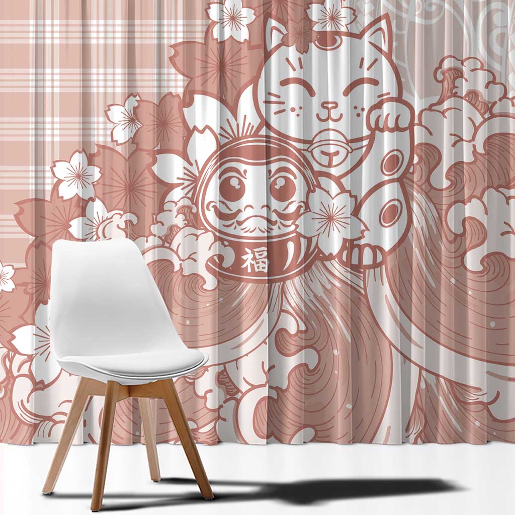 Beige Palaka Hawaiian And Japanese Window Curtain Maneki Neko And Sakura Bloom DT05 - Polynesian Pride