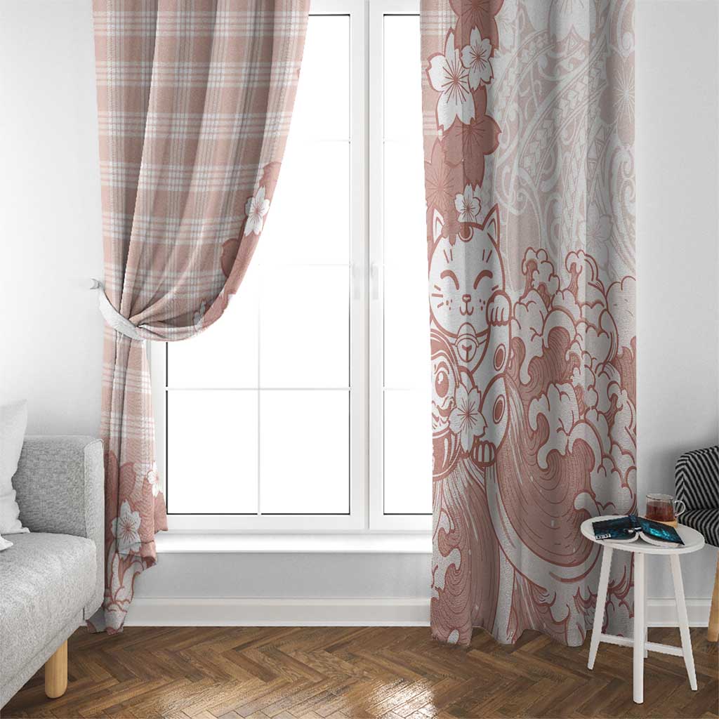 Beige Palaka Hawaiian And Japanese Window Curtain Maneki Neko And Sakura Bloom DT05 - Polynesian Pride