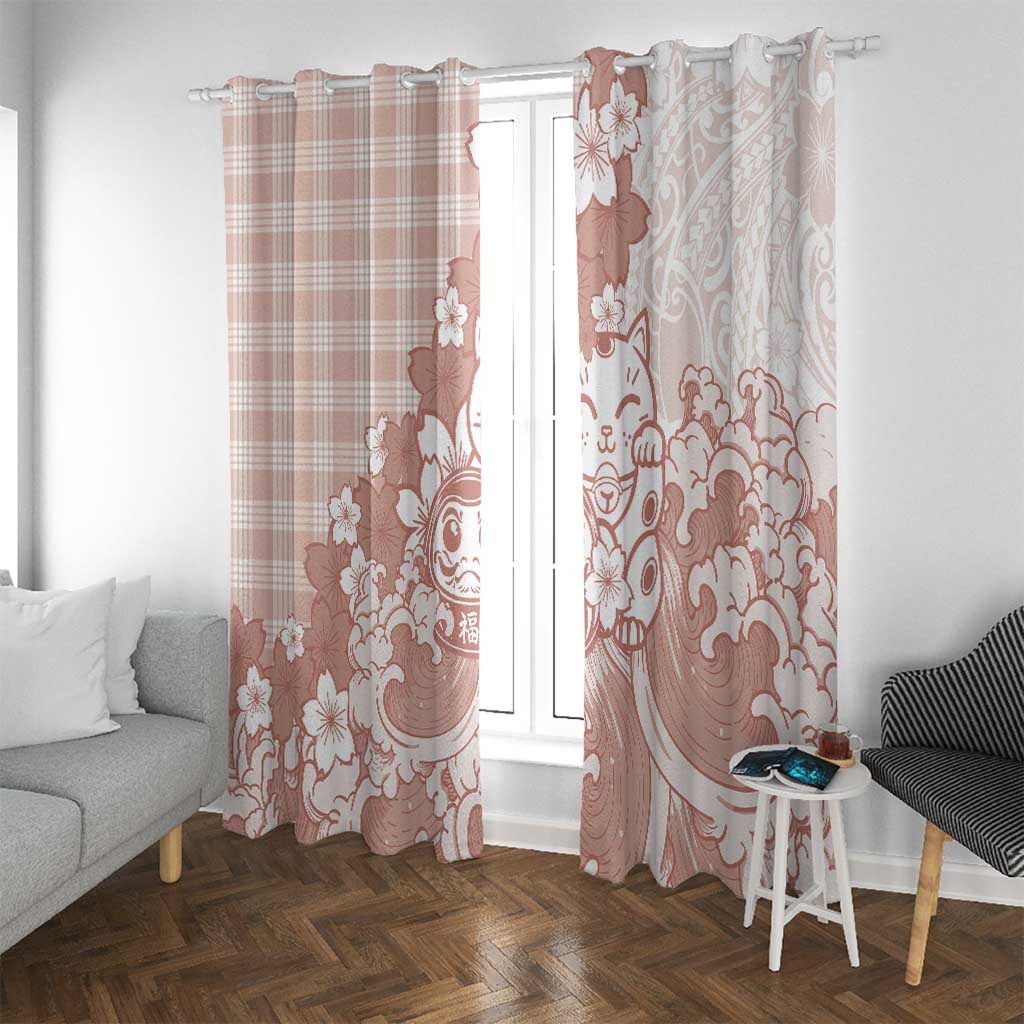 Beige Palaka Hawaiian And Japanese Window Curtain Maneki Neko And Sakura Bloom DT05 With Grommets Beige - Polynesian Pride