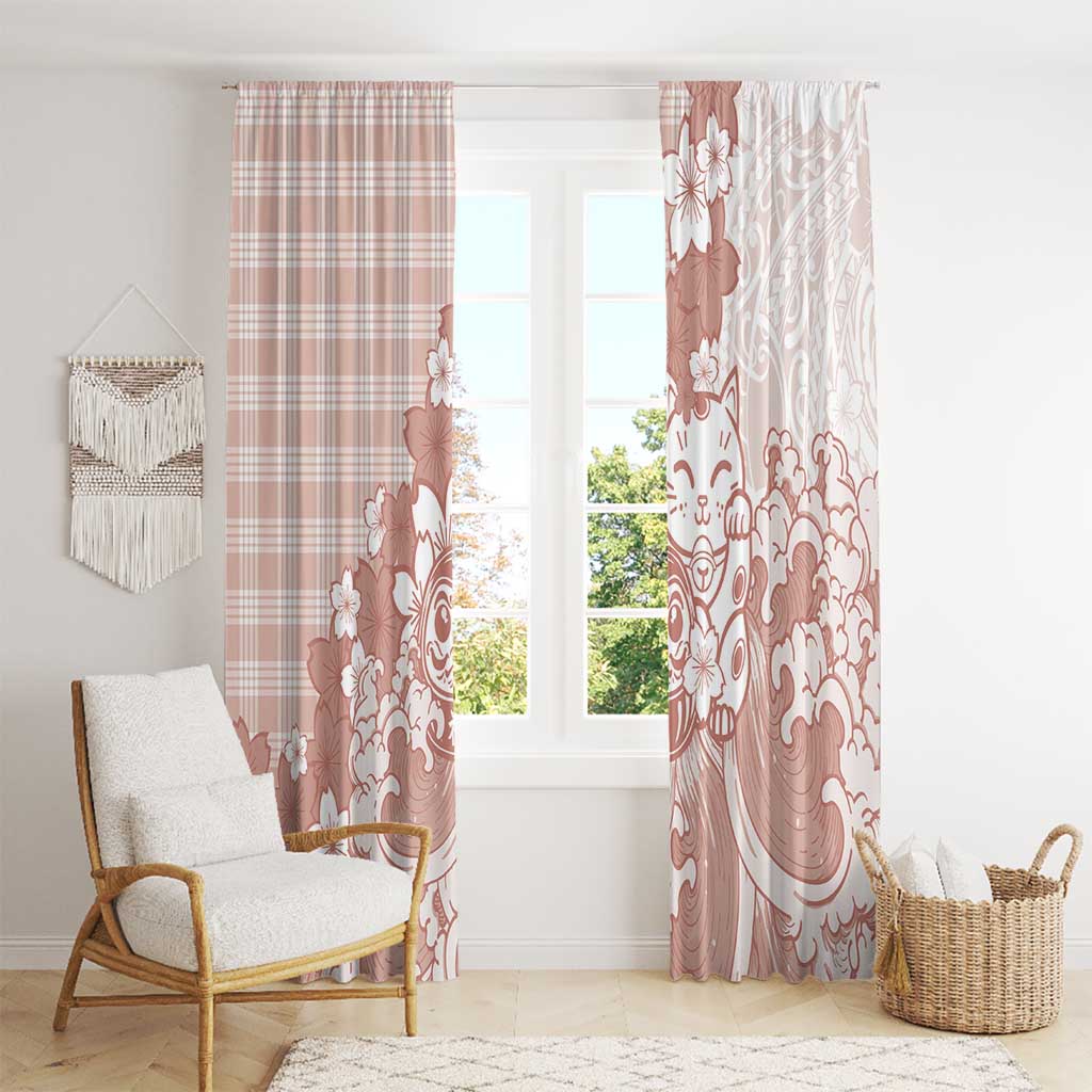 Beige Palaka Hawaiian And Japanese Window Curtain Maneki Neko And Sakura Bloom DT05 - Polynesian Pride