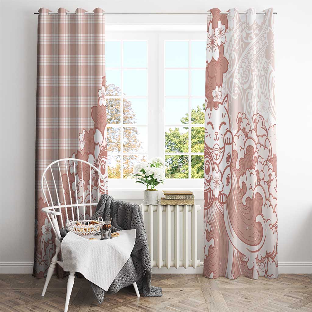 Beige Palaka Hawaiian And Japanese Window Curtain Maneki Neko And Sakura Bloom DT05 - Polynesian Pride