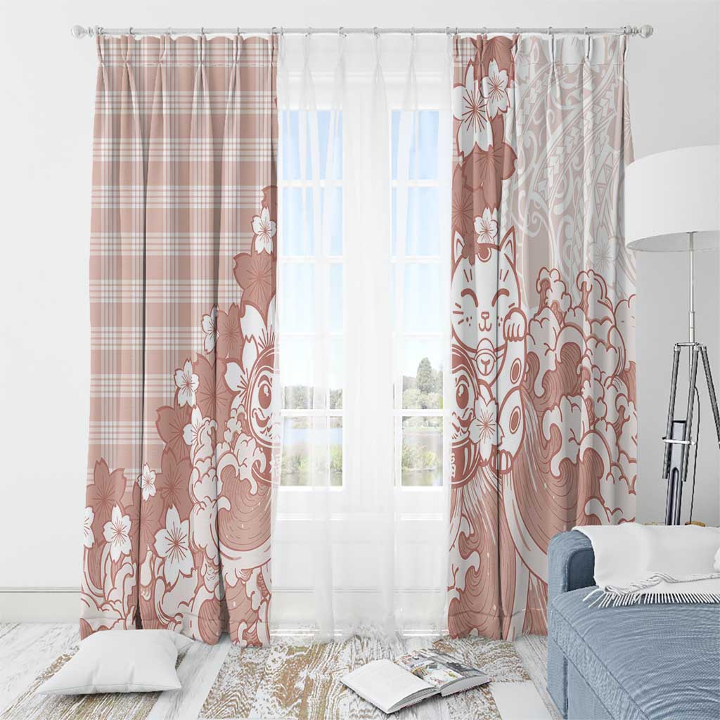 Beige Palaka Hawaiian And Japanese Window Curtain Maneki Neko And Sakura Bloom DT05 - Polynesian Pride