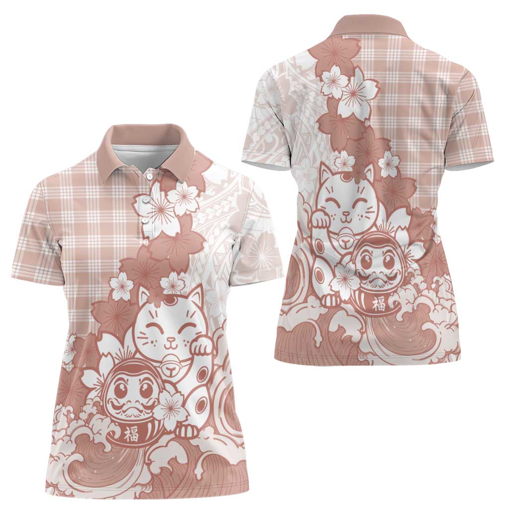 Beige Palaka Hawaiian And Japanese Women Polo Shirt Maneki Neko And Sakura Bloom