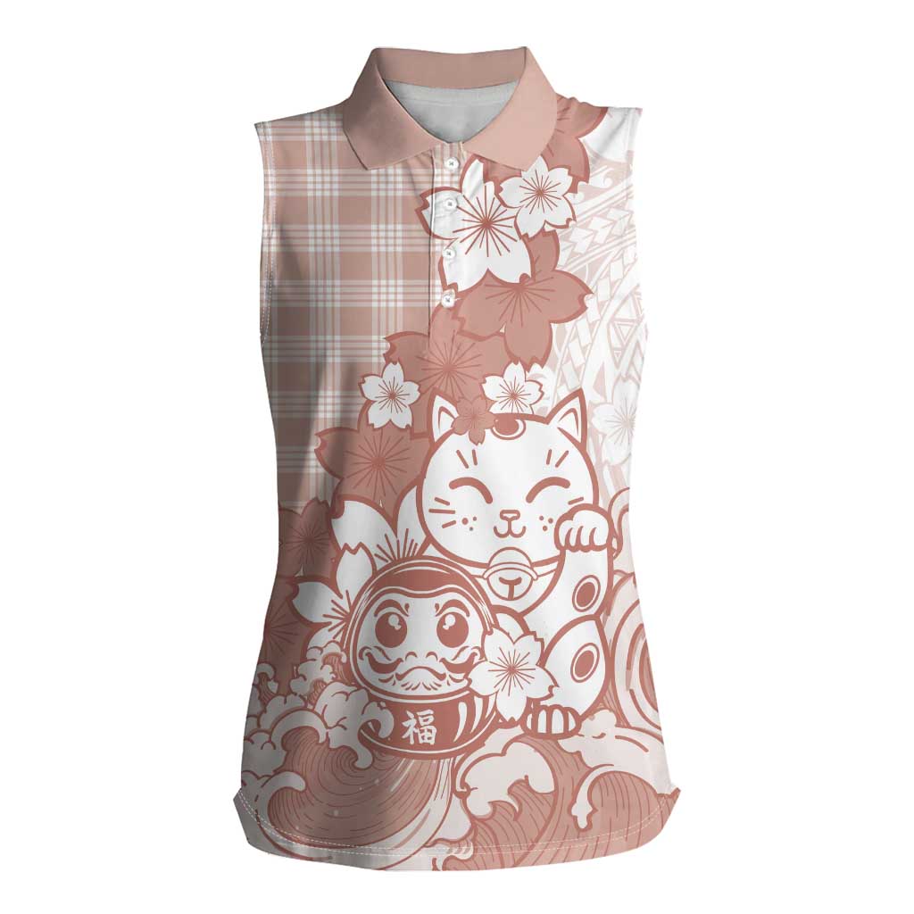 Beige Palaka Hawaiian And Japanese Women Sleeveless Polo Shirt Maneki Neko And Sakura Bloom