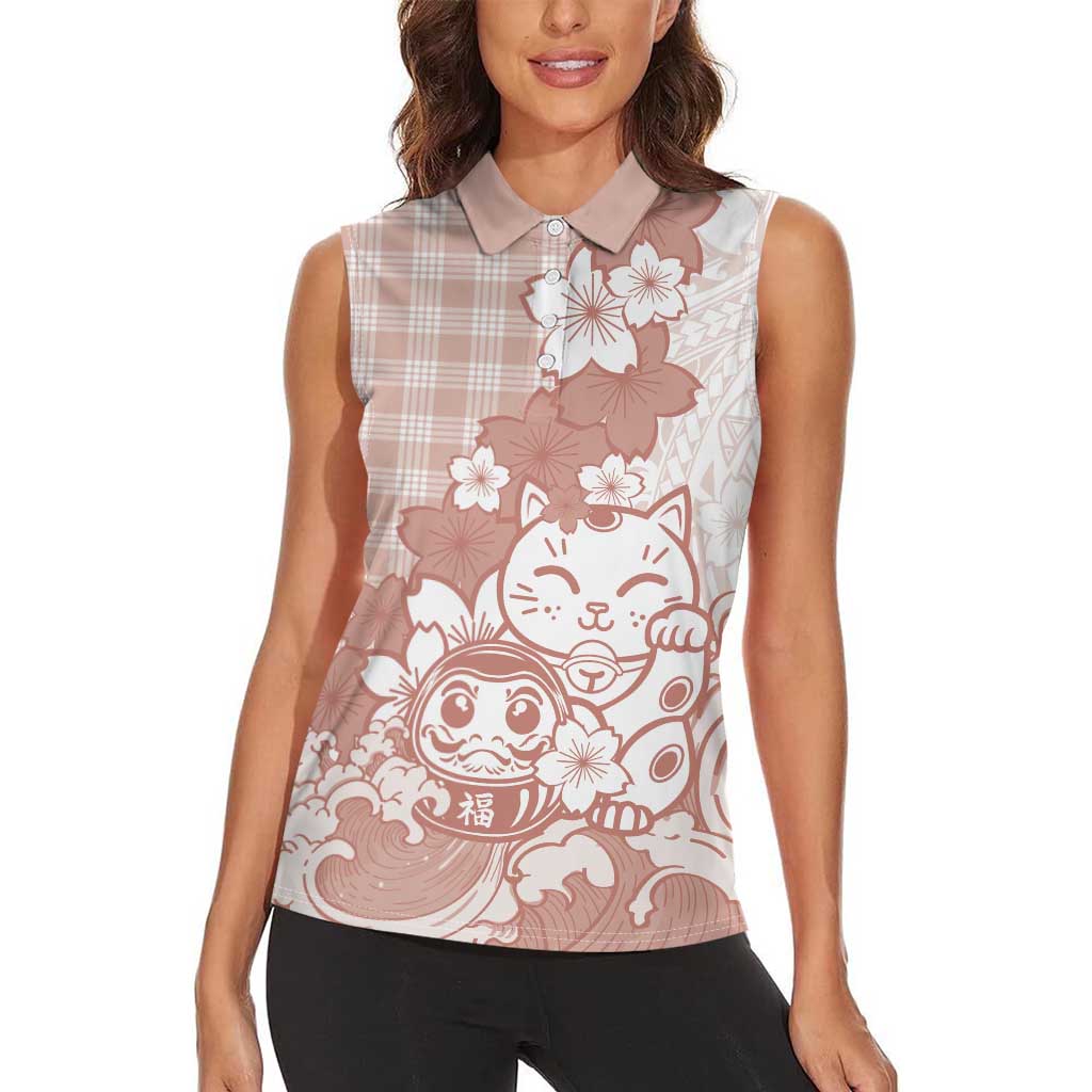 Beige Palaka Hawaiian And Japanese Women Sleeveless Polo Shirt Maneki Neko And Sakura Bloom