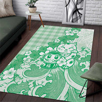 Green Palaka Hawaiian And Japanese Area Rug Maneki Neko And Sakura Bloom DT05 Green - Polynesian Pride