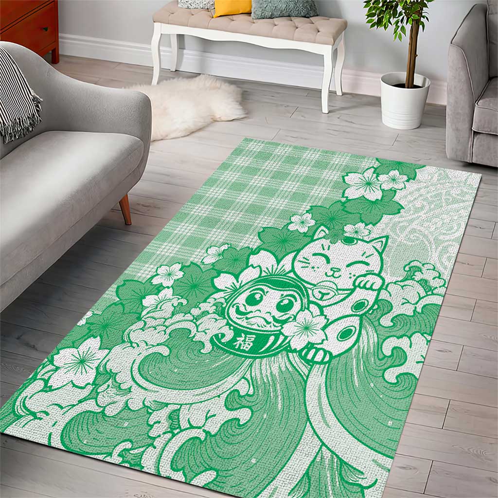 Green Palaka Hawaiian And Japanese Area Rug Maneki Neko And Sakura Bloom DT05 - Polynesian Pride