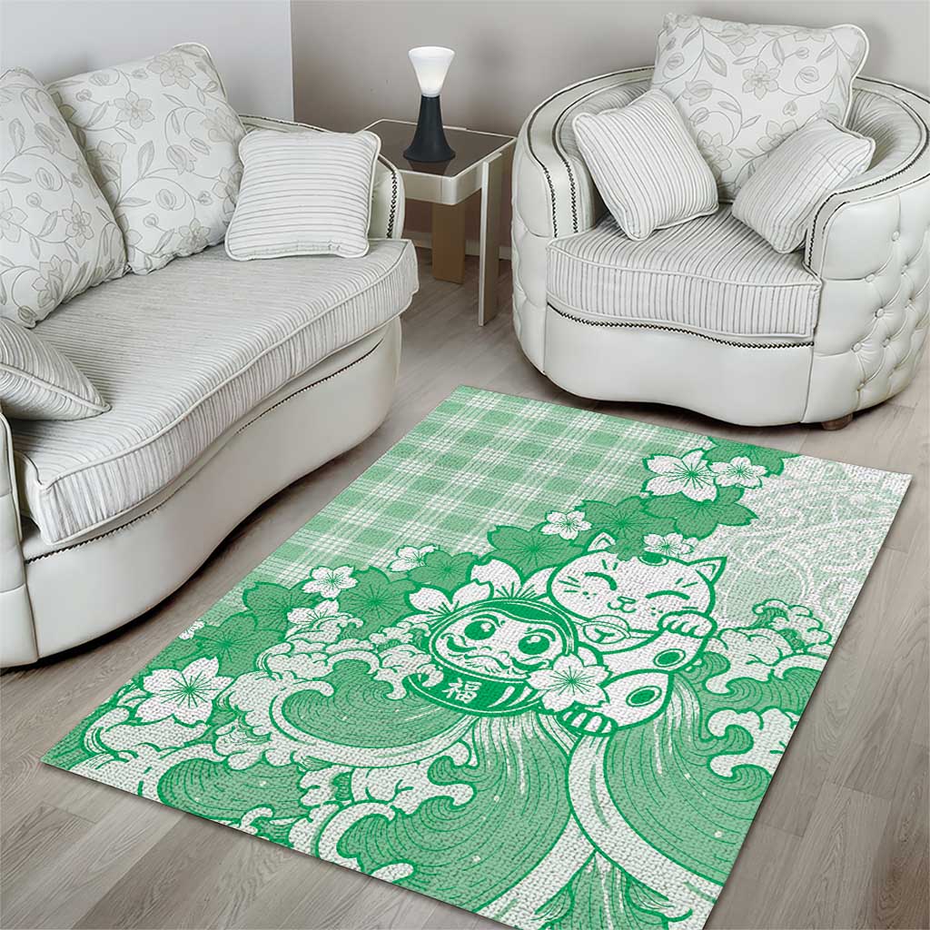Green Palaka Hawaiian And Japanese Area Rug Maneki Neko And Sakura Bloom DT05 - Polynesian Pride