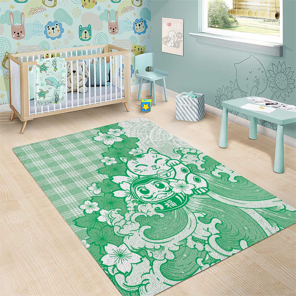 Green Palaka Hawaiian And Japanese Area Rug Maneki Neko And Sakura Bloom DT05 - Polynesian Pride