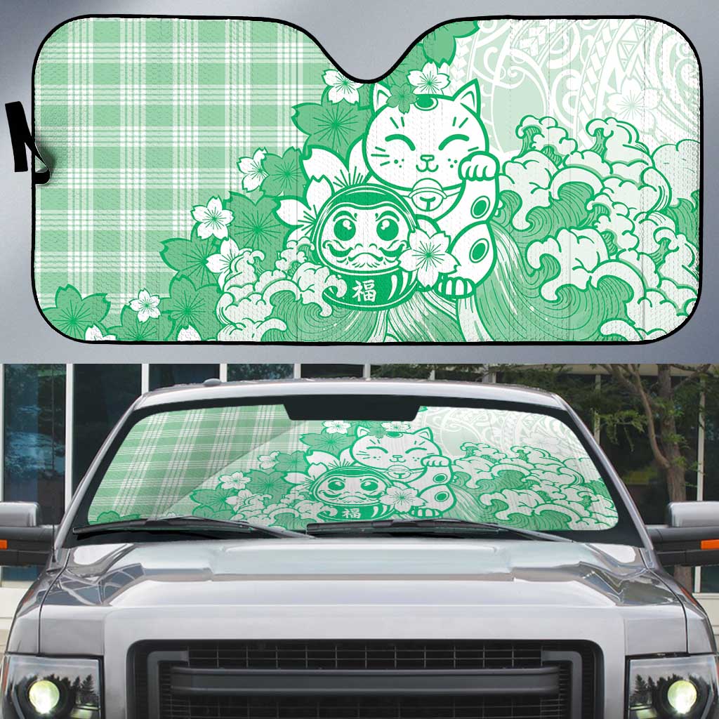 Green Palaka Hawaiian And Japanese Auto Sun Shade Maneki Neko And Sakura Bloom DT05 Green - Polynesian Pride