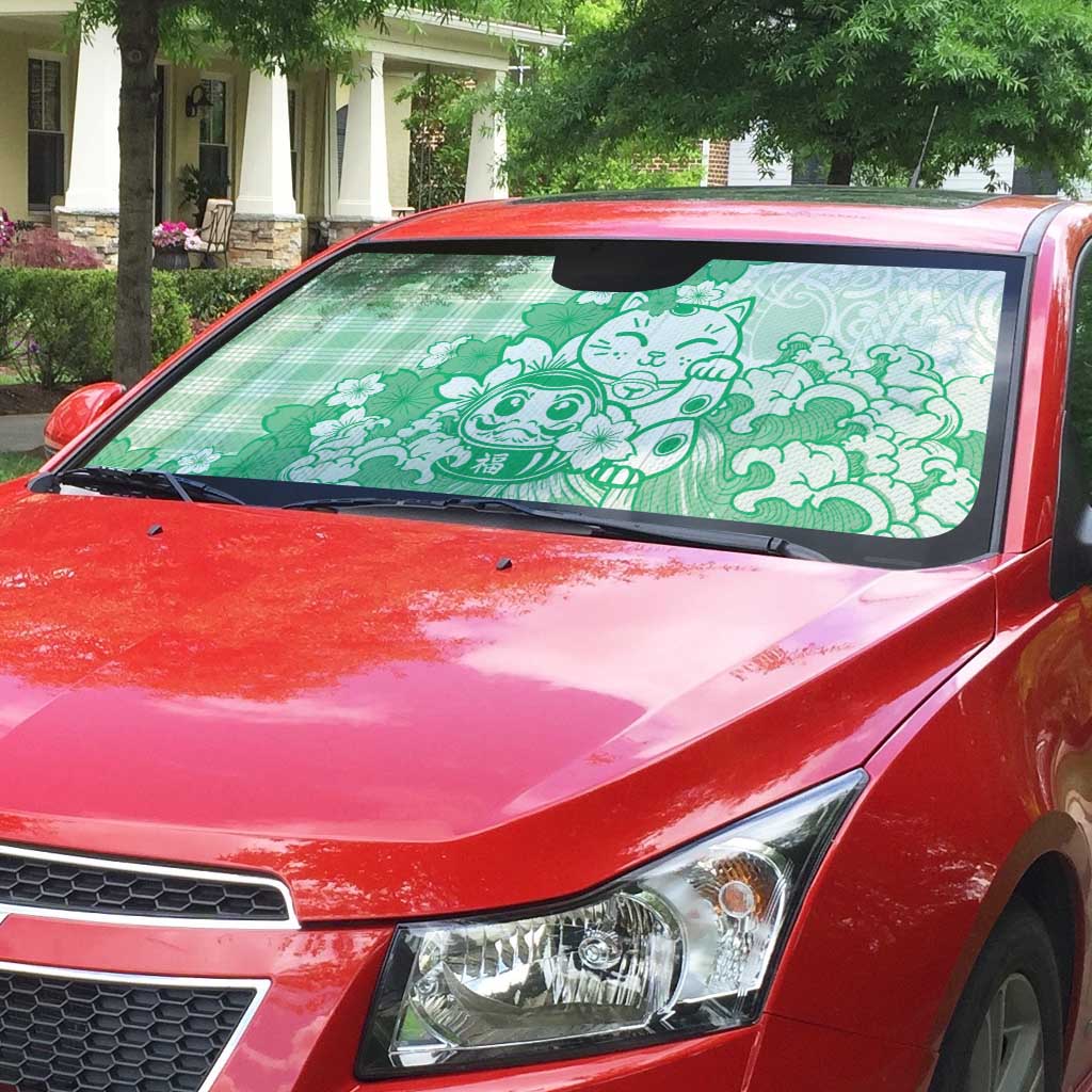 Green Palaka Hawaiian And Japanese Auto Sun Shade Maneki Neko And Sakura Bloom DT05 - Polynesian Pride