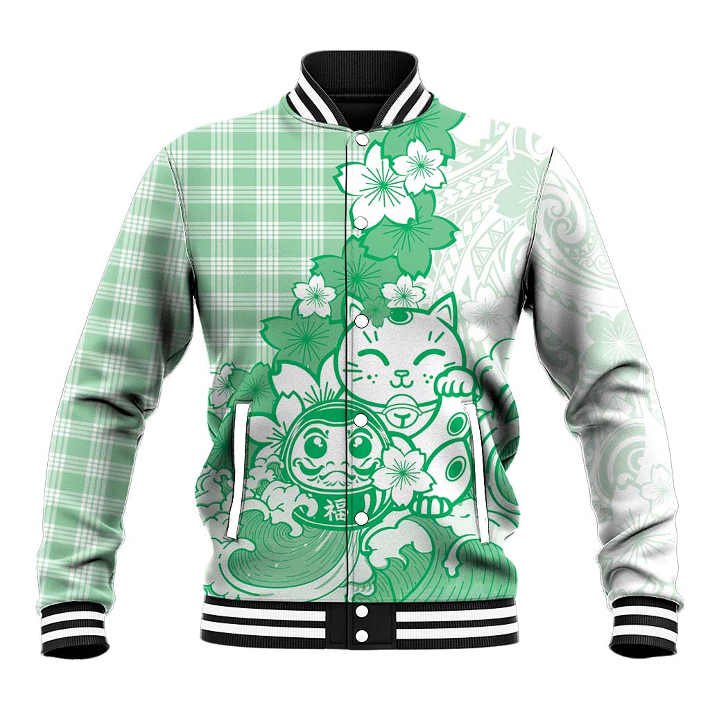 Green Palaka Hawaiian And Japanese Baseball Jacket Maneki Neko And Sakura Bloom