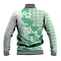 Green Palaka Hawaiian And Japanese Baseball Jacket Maneki Neko And Sakura Bloom