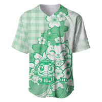 Green Palaka Hawaiian And Japanese Baseball Jersey Maneki Neko And Sakura Bloom DT05 Green - Polynesian Pride