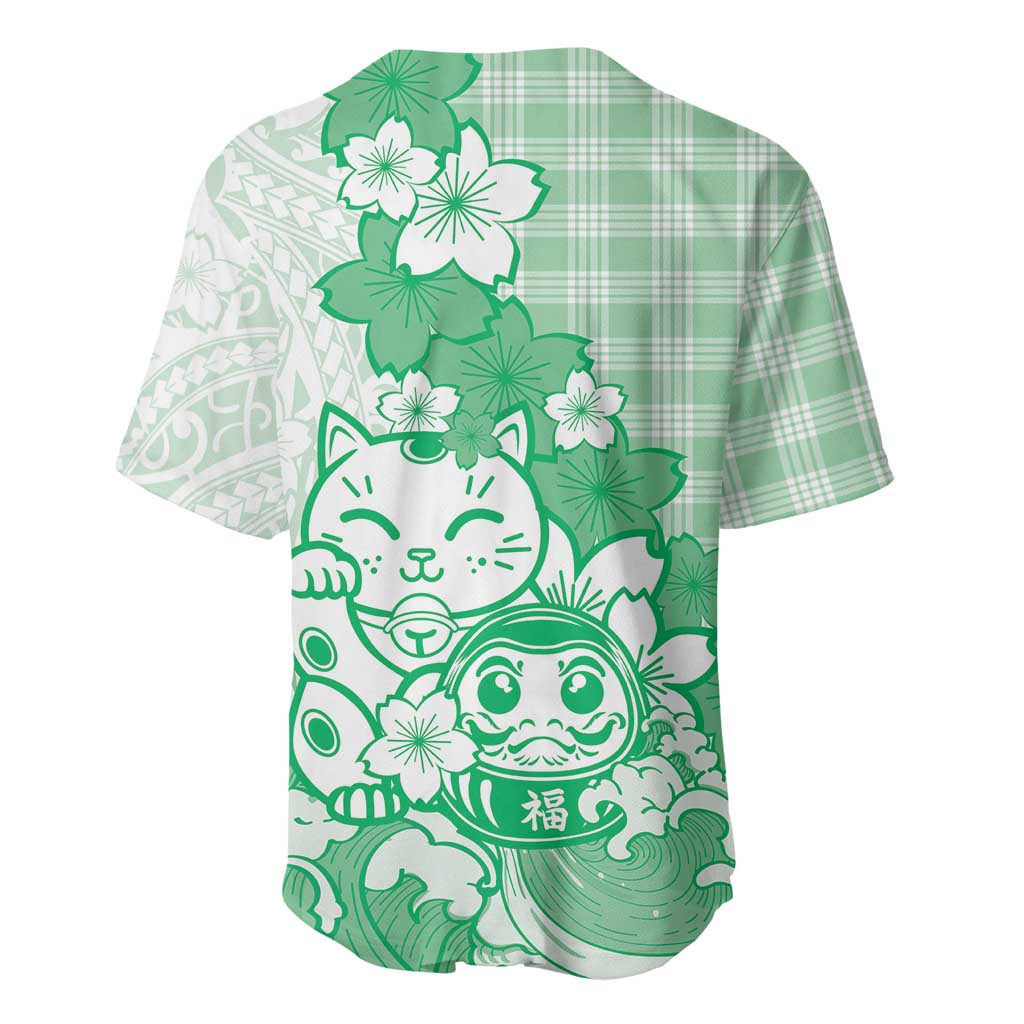 Green Palaka Hawaiian And Japanese Baseball Jersey Maneki Neko And Sakura Bloom DT05 - Polynesian Pride