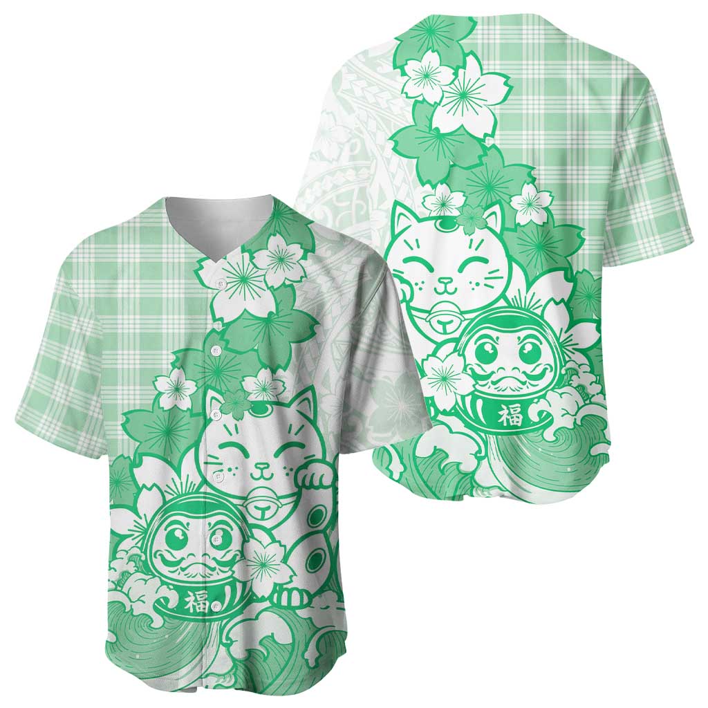 Green Palaka Hawaiian And Japanese Baseball Jersey Maneki Neko And Sakura Bloom DT05 - Polynesian Pride