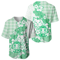 Green Palaka Hawaiian And Japanese Baseball Jersey Maneki Neko And Sakura Bloom DT05 - Polynesian Pride