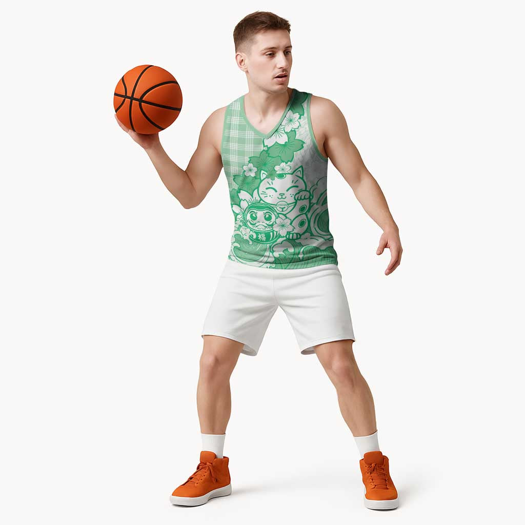 Green Palaka Hawaiian And Japanese Basketball Jersey Maneki Neko And Sakura Bloom