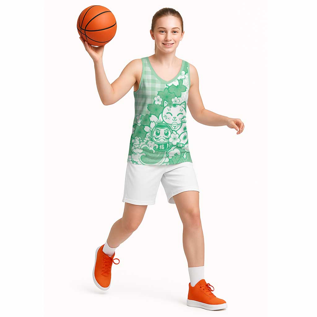 Green Palaka Hawaiian And Japanese Basketball Jersey Maneki Neko And Sakura Bloom