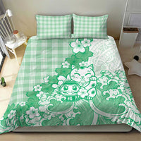 Green Palaka Hawaiian And Japanese Bedding Set Maneki Neko And Sakura Bloom