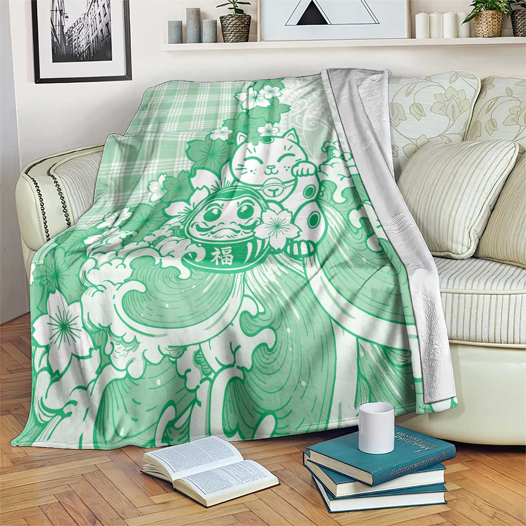 Green Palaka Hawaiian And Japanese Blanket Maneki Neko And Sakura Bloom