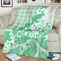 Green Palaka Hawaiian And Japanese Blanket Maneki Neko And Sakura Bloom