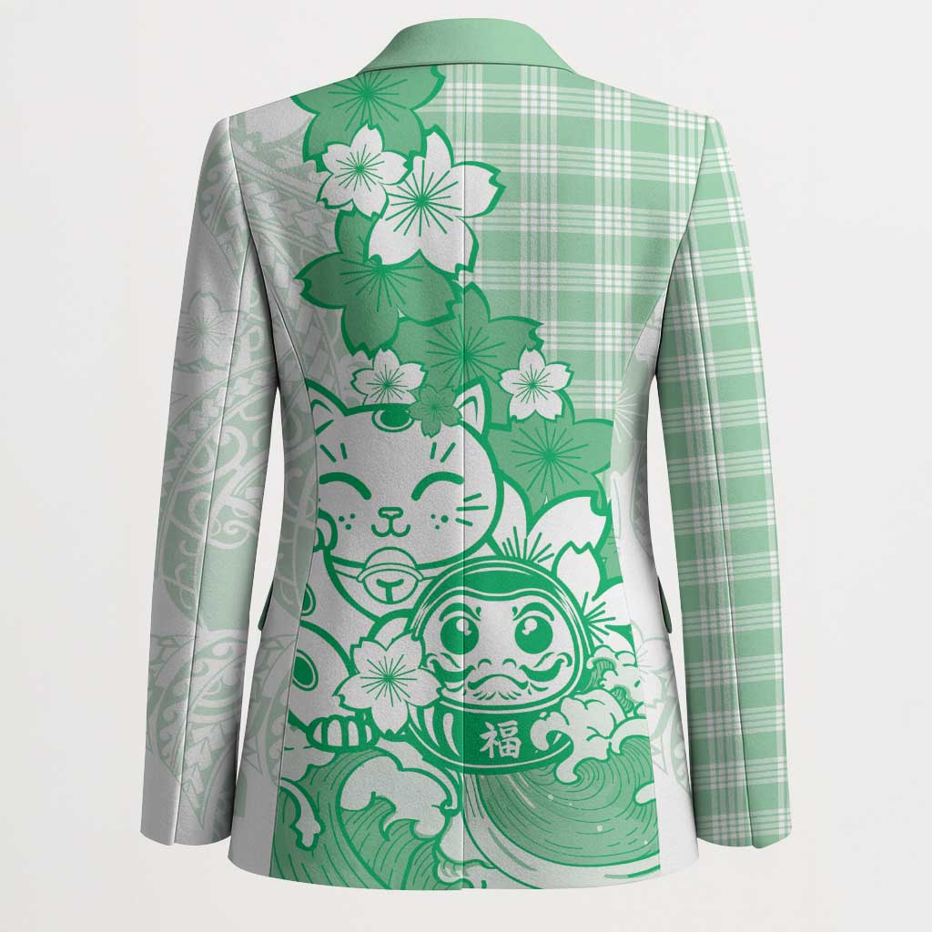 Green Palaka Hawaiian And Japanese Blazer Maneki Neko And Sakura Bloom