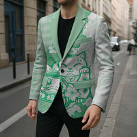 Green Palaka Hawaiian And Japanese Blazer Maneki Neko And Sakura Bloom